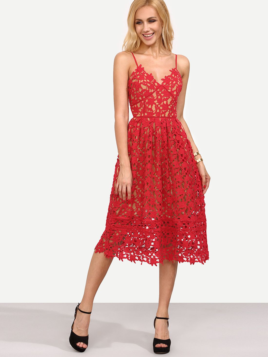 Red Hollow Out Fit & Flare Lace Cami Dress