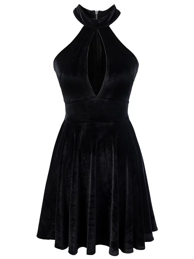 Black Halter Keyhole Velvet A Line Dress