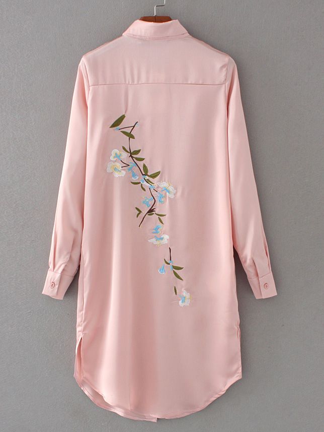 Pink Embroidered Back Slit Side Shirt Dress
